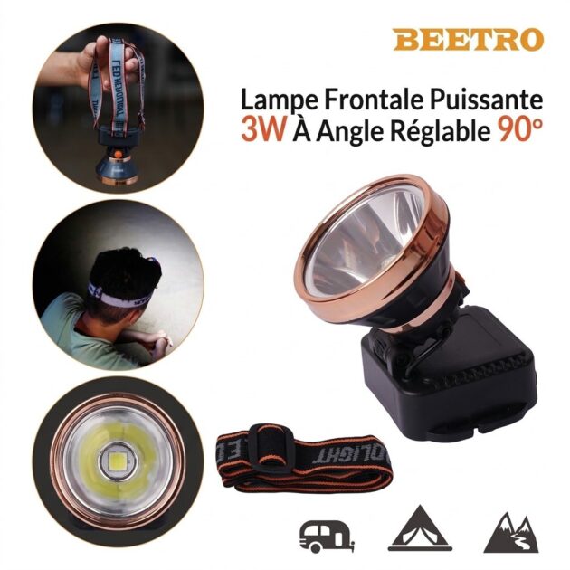 Lampe Frontale Puissante 3W À Angle Réglable 90° Beetro LA448
