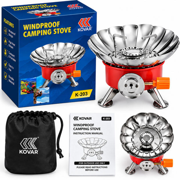 Réchaud à gaz de camping portable et coupe-vent Kovar K-203