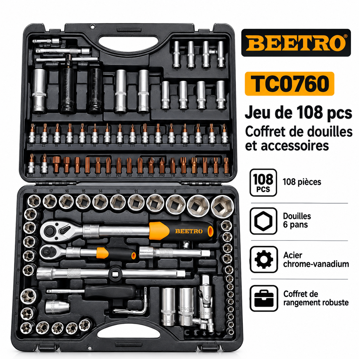 Coffret a douilles et accessoires 108 pieces BEETRO TC0760