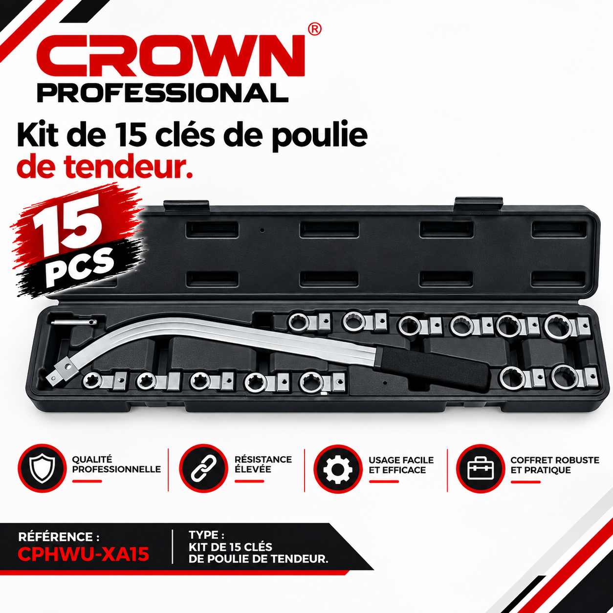 kit de 15 clés de poulie de tendeur CROWN CPHWU-XA15