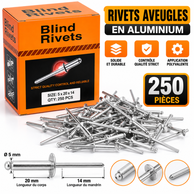 Lot de 250 pièces de rivets aveugles en aluminium 5×20×14 mm