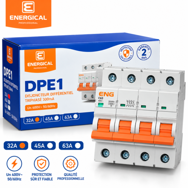 Disjoncteur différentiel tétrapolaire 300 mA 400 V – ENERGICAL DPE1 – 32A