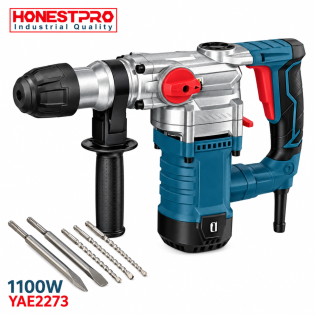 Marteau perforateur électrique 1100W système SDS PLUS, avec 2 burins et 3 meches HONESTPRO YAE2273