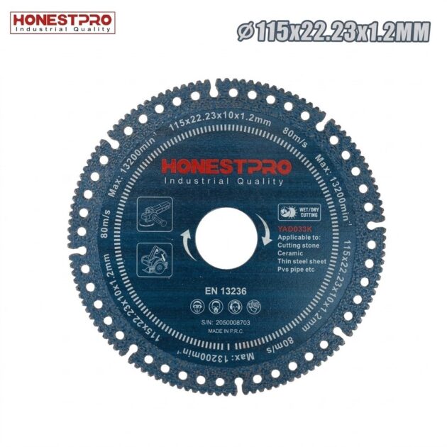 Disque diamant multifonction 115×1.2×22.23 mm pour béton métal marbre carrelage PVC HONESTPRO YAG0334
